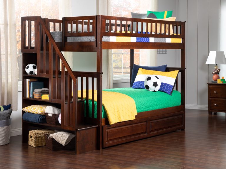 Twin over Twin Woodland Staircase Bunk Bed with Twin Size Trundle in Walnut