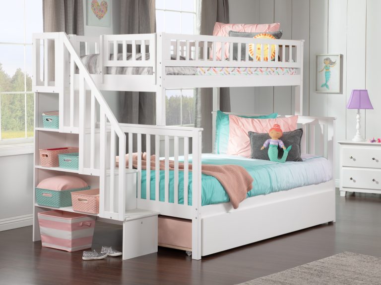 Twin over Full Woodland Staircase Bunk Bed with Full Size Trundle in White