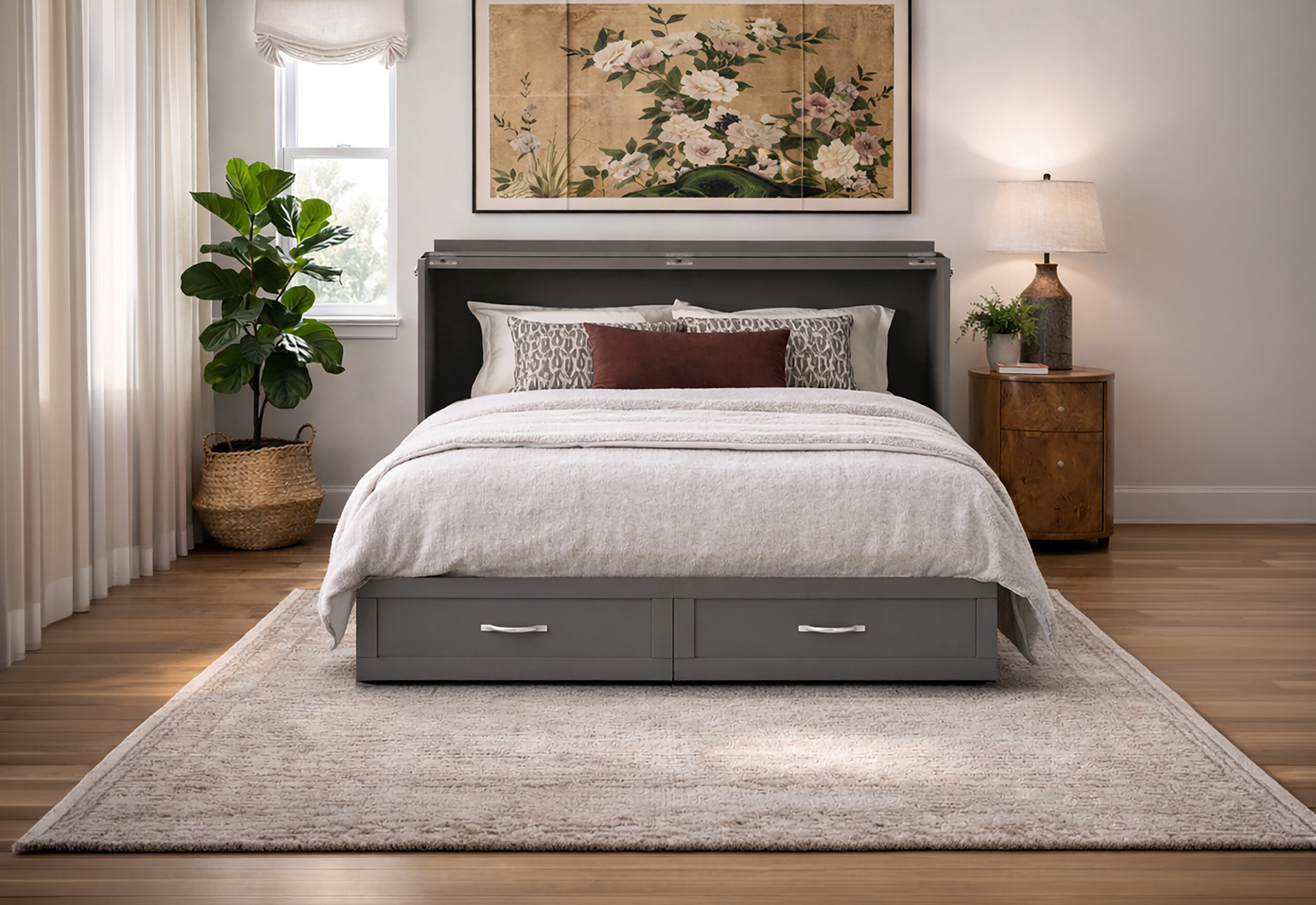 hamilton murphy bed chest in grey open with bedding and pillows
