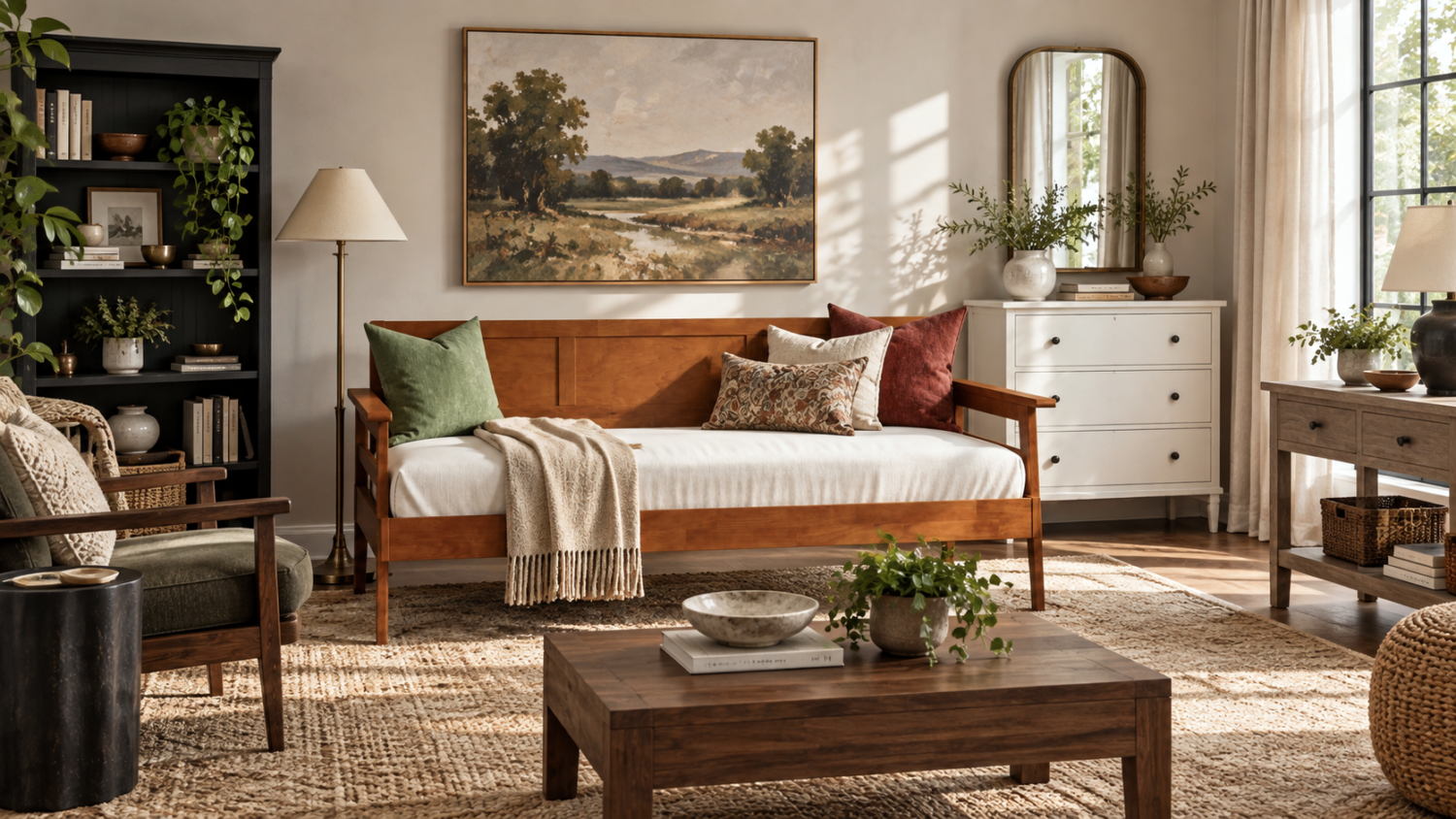 Wood furniture in complementary finishes styled together in a warm mid century scandinavian interior