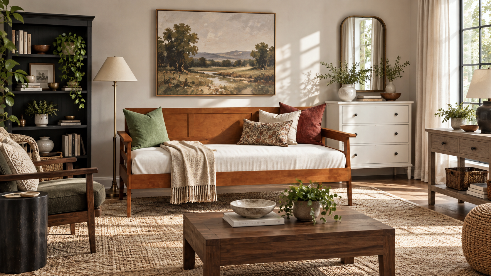 Wood furniture in complementary finishes styled together in a warm mid century scandinavian interior