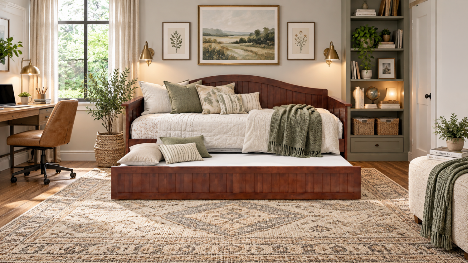 Walnut daybed with pull-out trundle styled in a warm multipurpose guest room with a desk, shelving, soft neutral bedding, plants, and natural light.