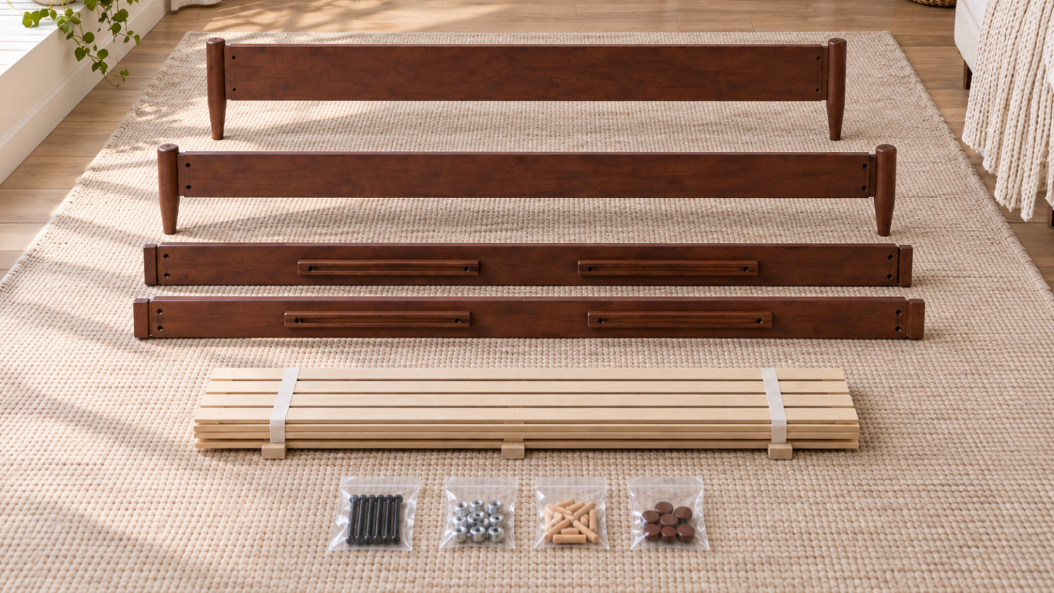 Wood bed frame parts, slat kit, hardware bags, Allen key, and screwdriver organized on the floor before assembly
