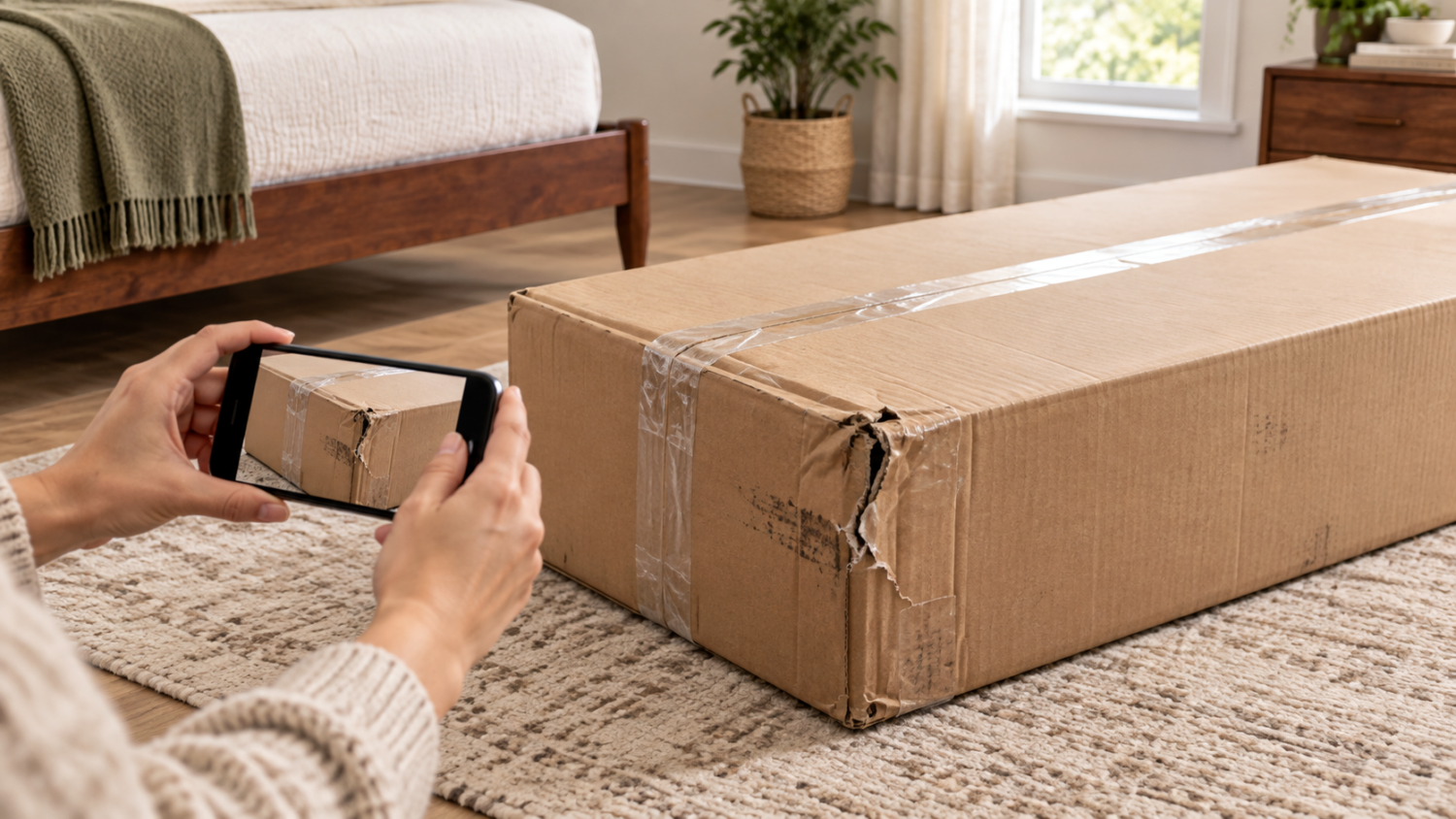 Customer taking a photo of a damaged furniture carton before opening the box
