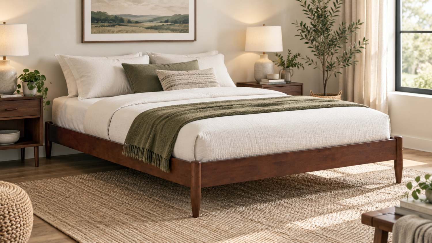 Fully assembled wood bed frame in a clean, finished bedroom after setup