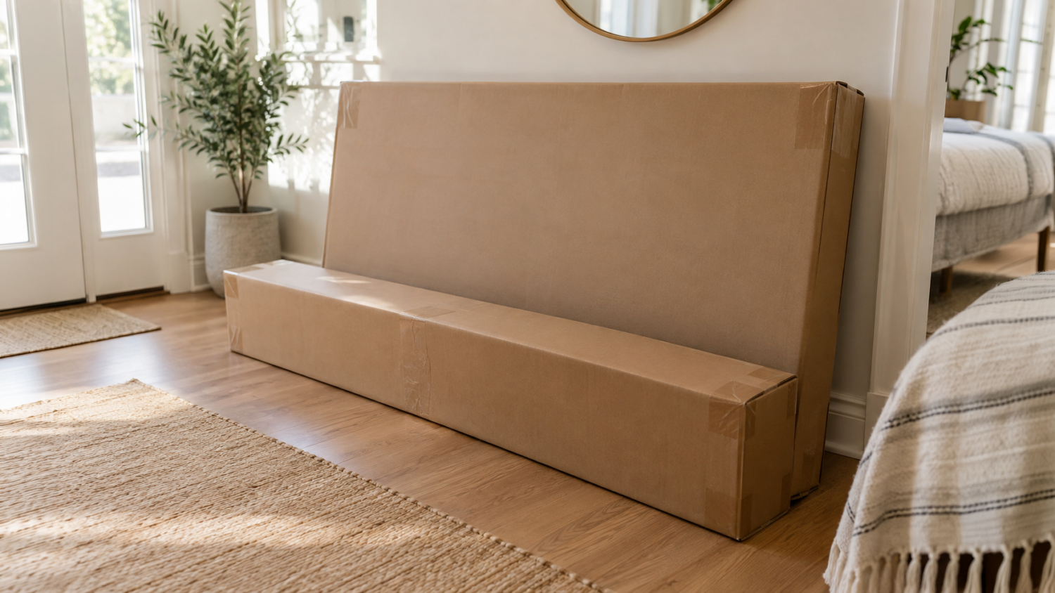 Two long furniture cartons leaning against a wall in a cleared room before assembly