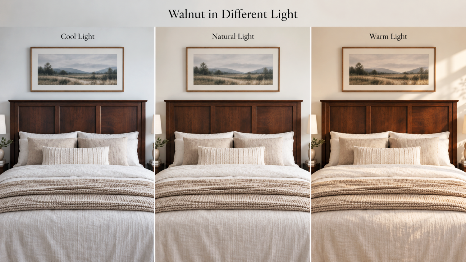 Walnut wood furniture shown in natural daylight, warm indoor lighting and cool lighting
