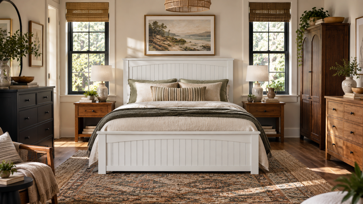 Room styled with complementary mixed wood furniture tones and natural materials
