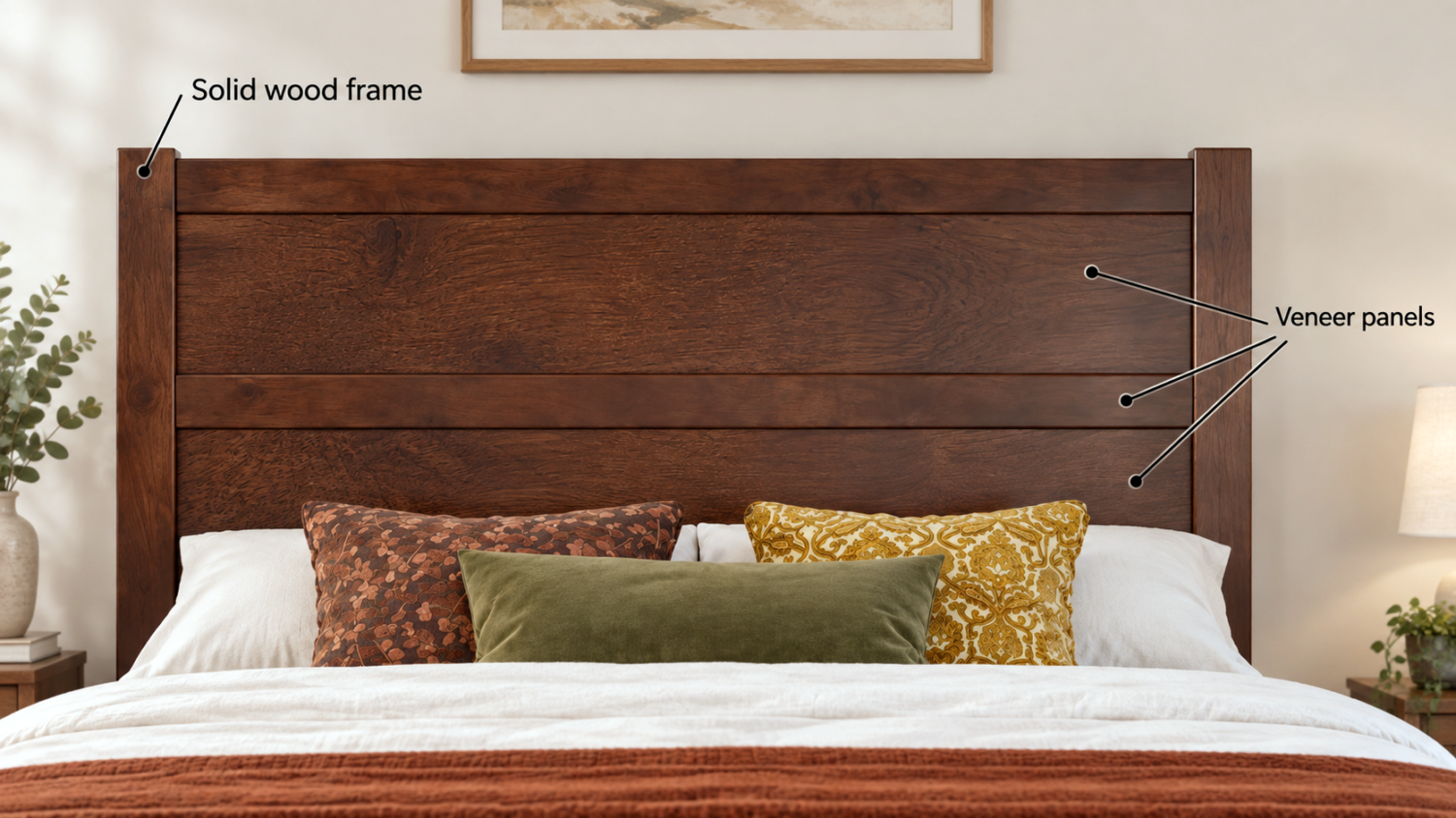 Solid wood and wood veneer showing subtle differences in the same stained finish on wood headboard