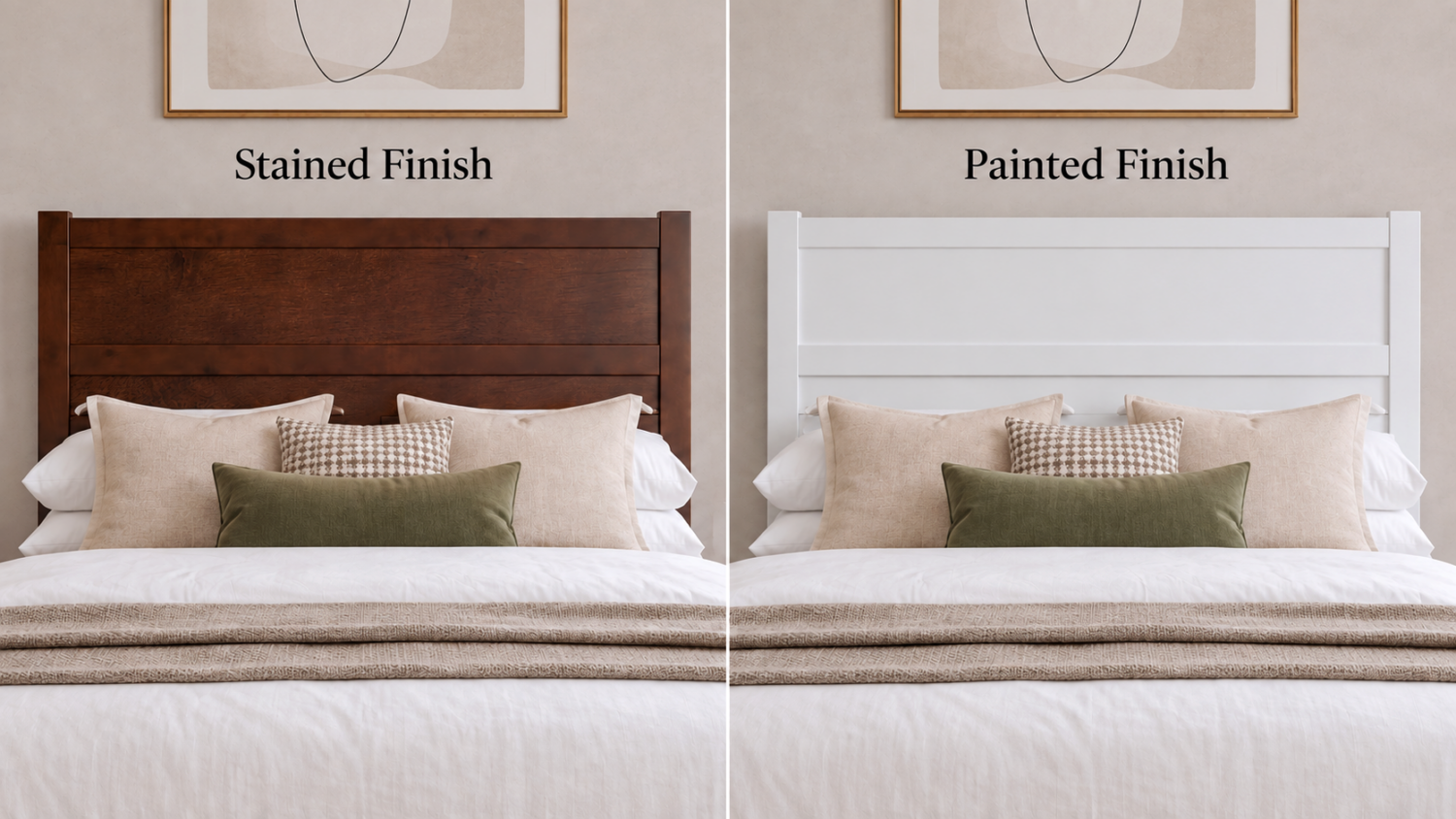 Stained Walnut and matte white painted wood headboard finishes shown side by side