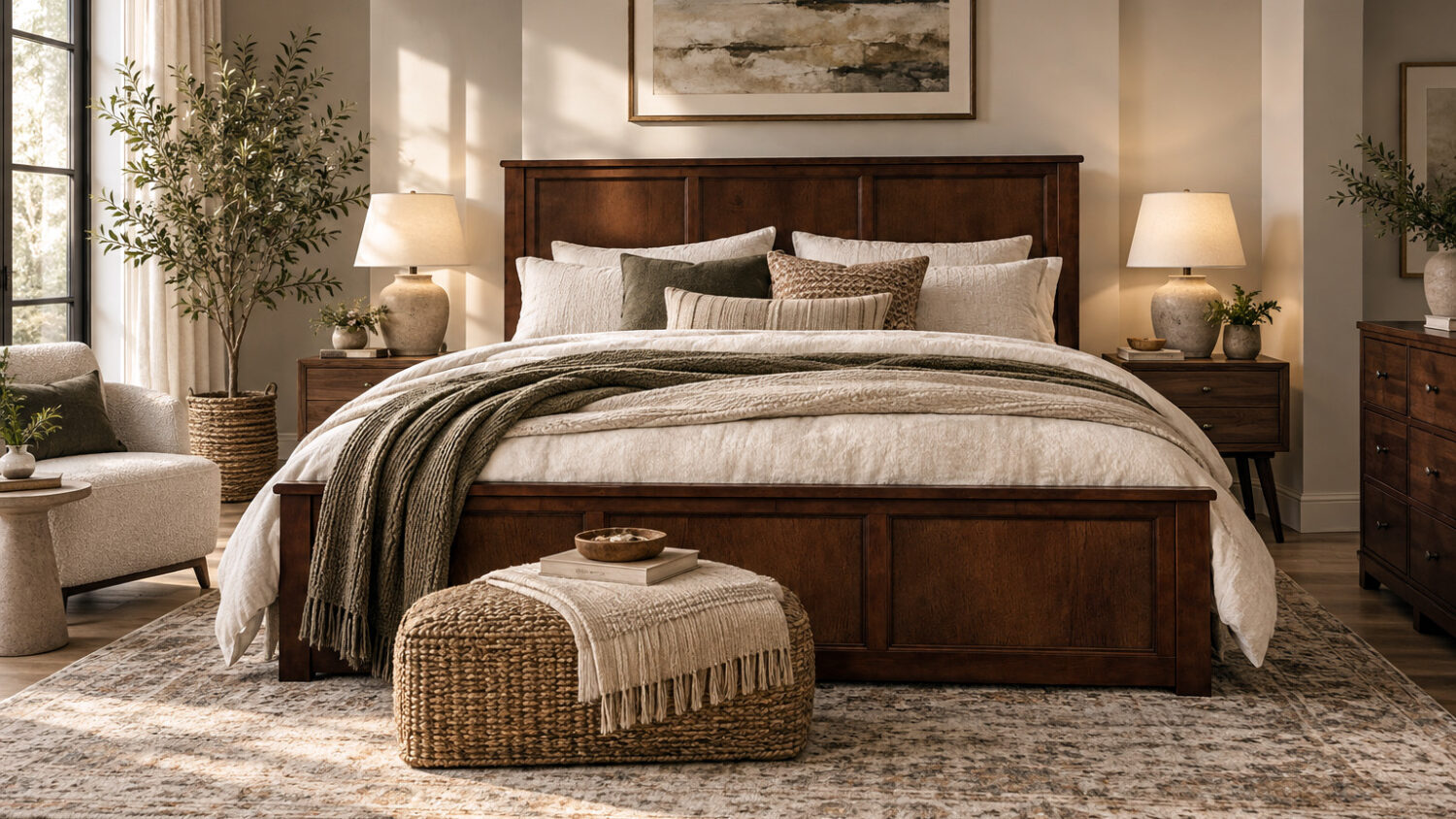 charlotte solid wood bed in a warm neutral bedroom with layered bedding and natural textures