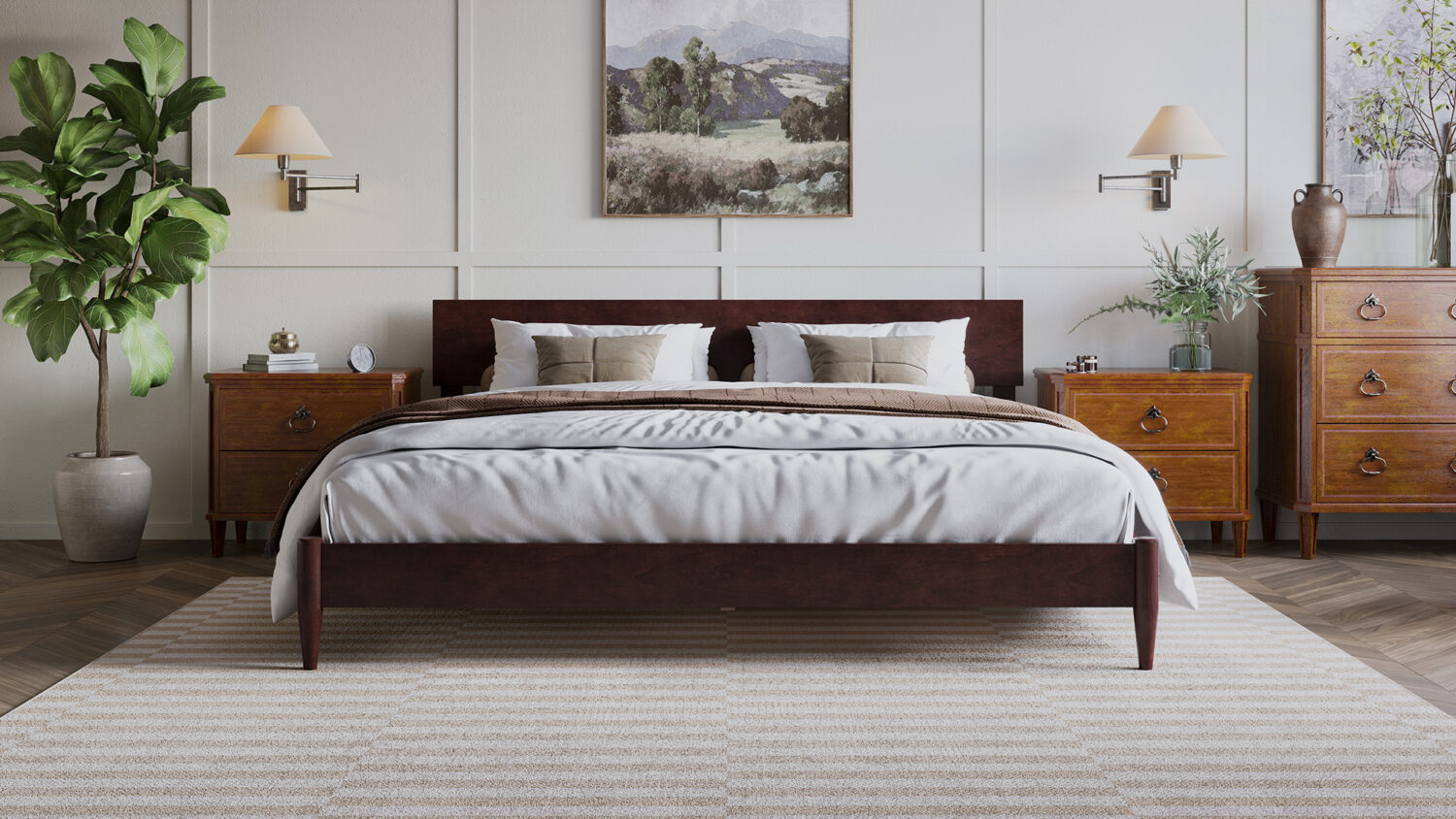Aria Low profile wood bed styled with neutral bedding and warm wood bedroom furniture