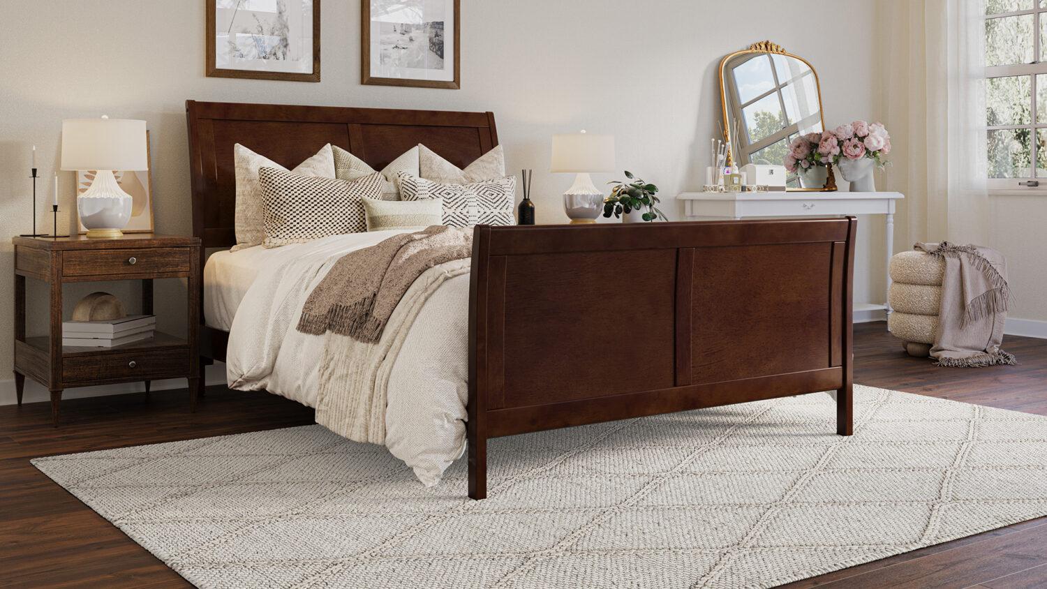 portland matching footboard solid wood bed in a warm neutral bedroom with layered bedding and natural wood tones
