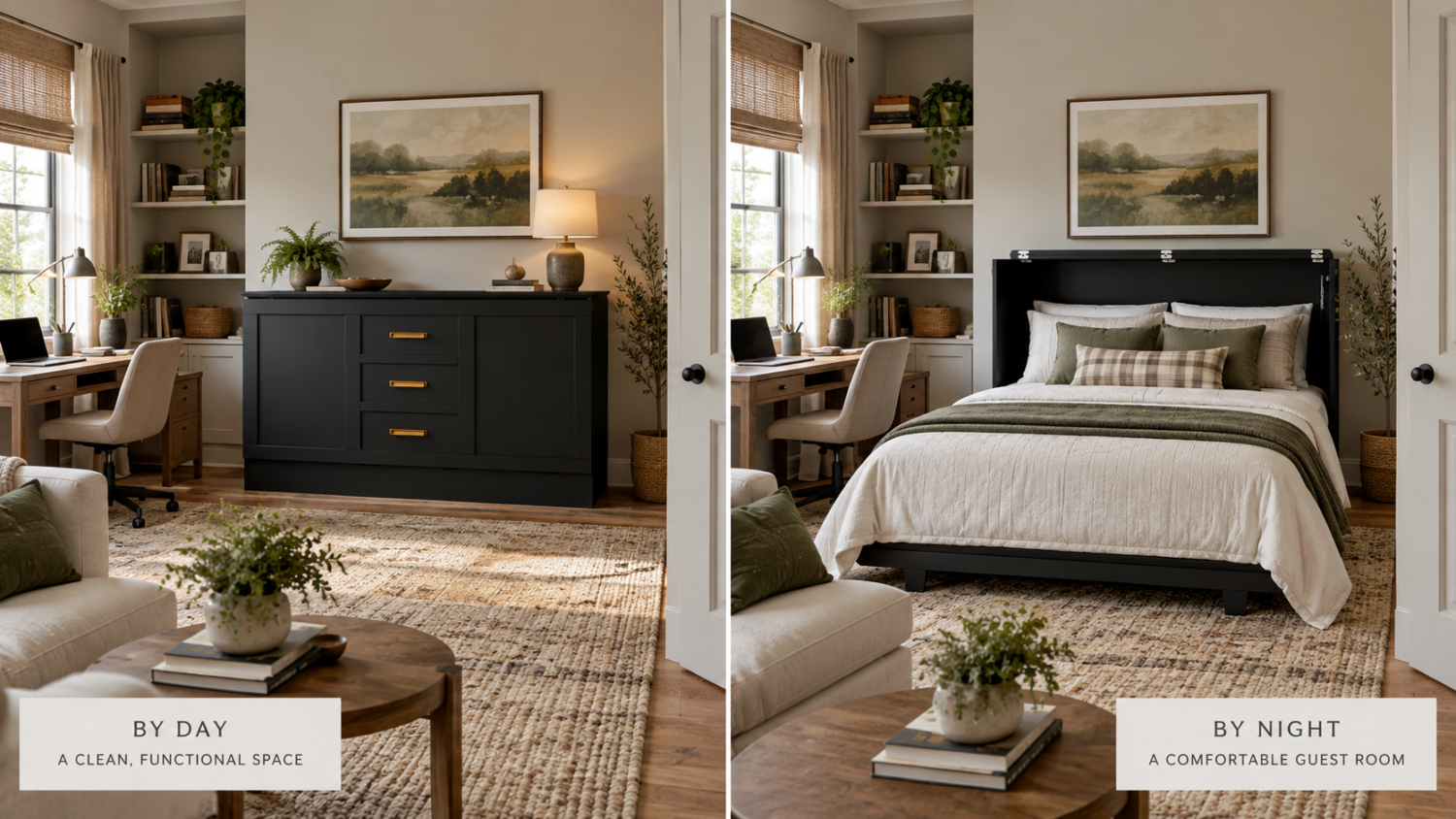 Black Murphy bed chest shown closed and open in the same home office and guest room, highlighting how the space transitions from everyday use to overnight accommodations.