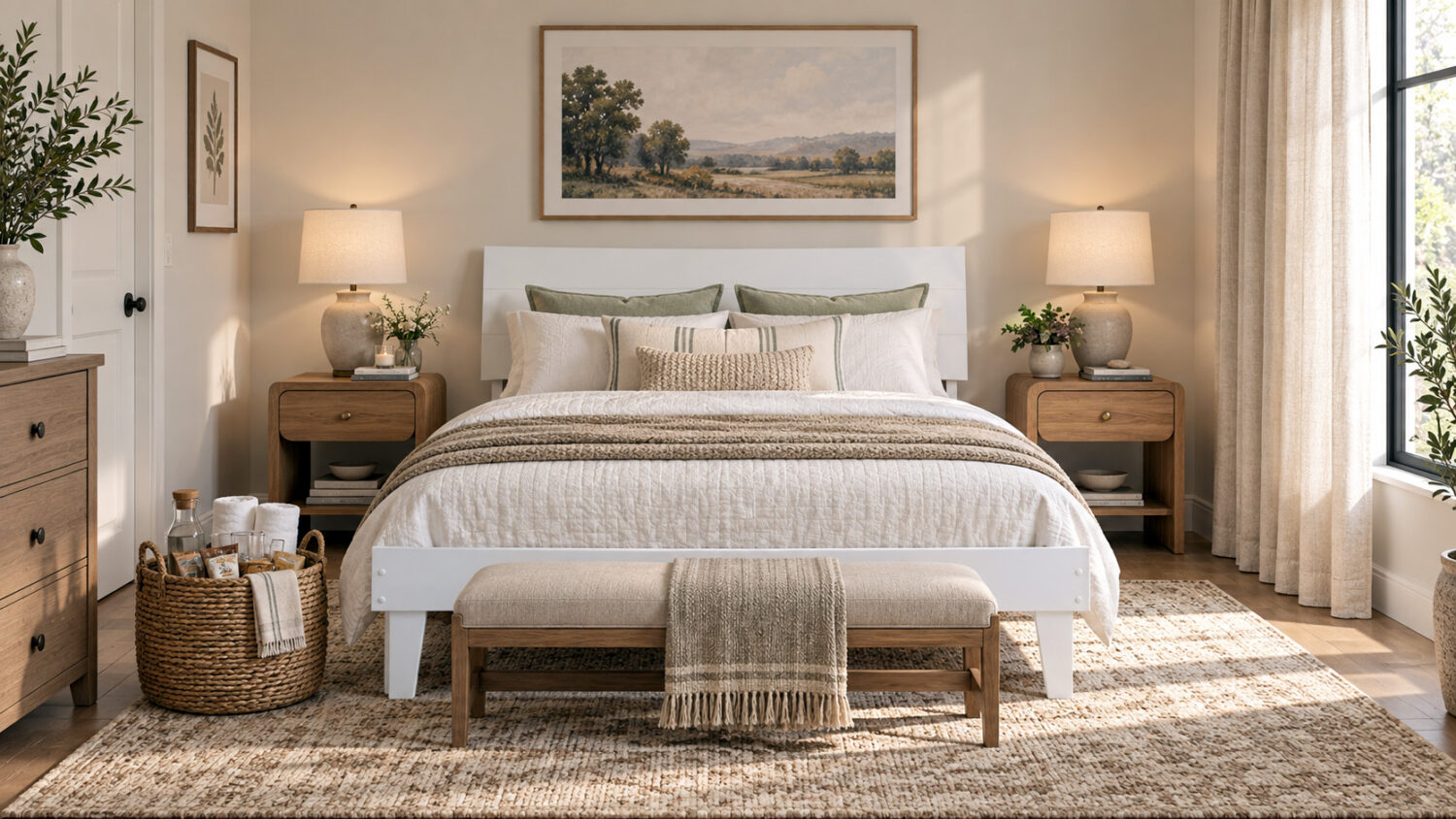 White queen bed styled in a welcoming guest bedroom with neutral layered bedding, wood nightstands, soft lighting, and a woven guest basket with towels, water, and snacks.