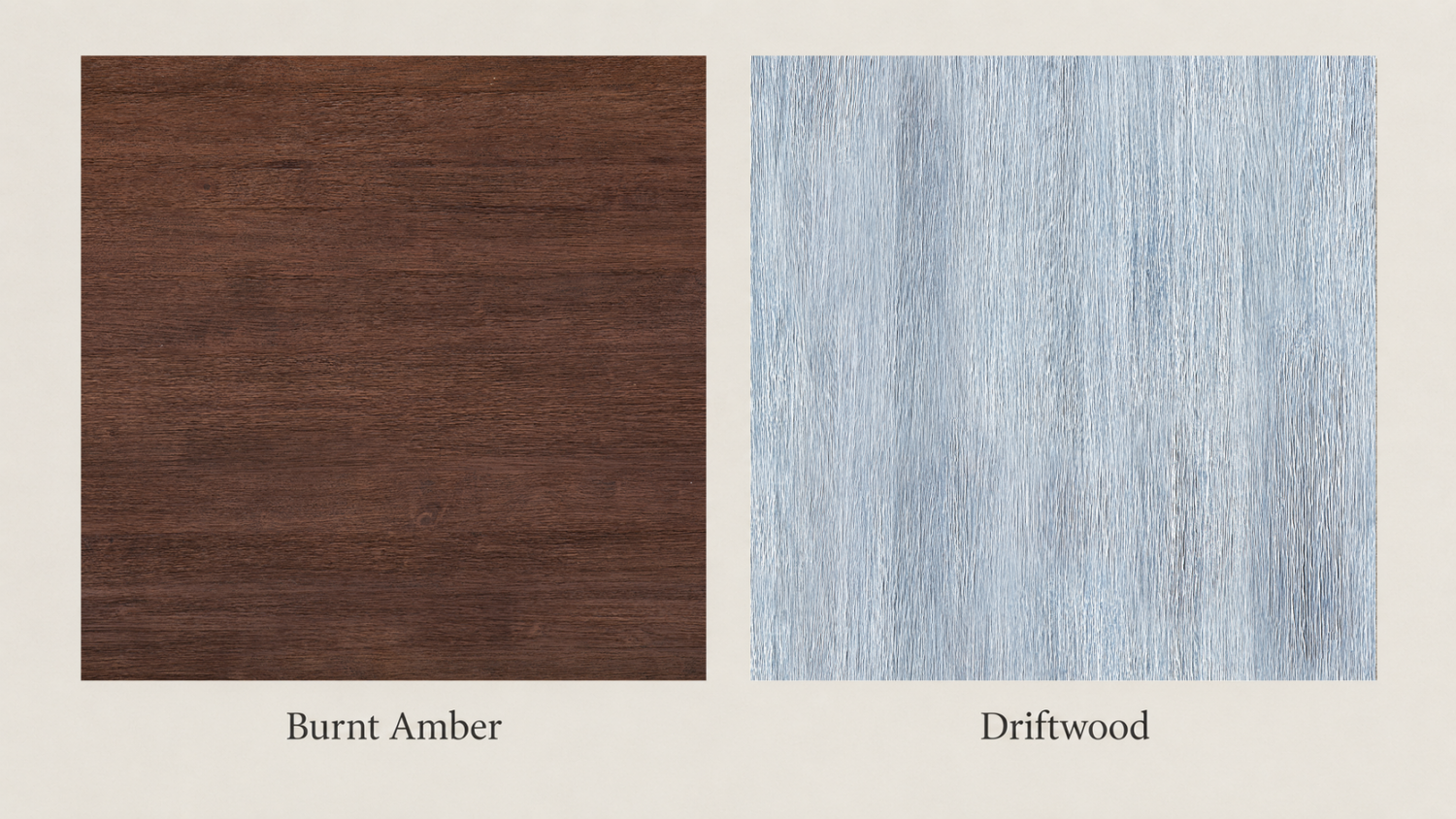 Burnt Amber and Driftwood wire-brushed furniture finishes showing surface texture