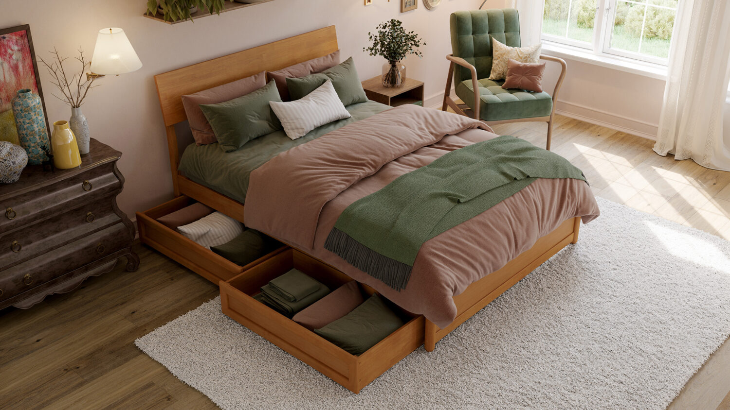 storage platform bed with neutral and dusty colored bedding