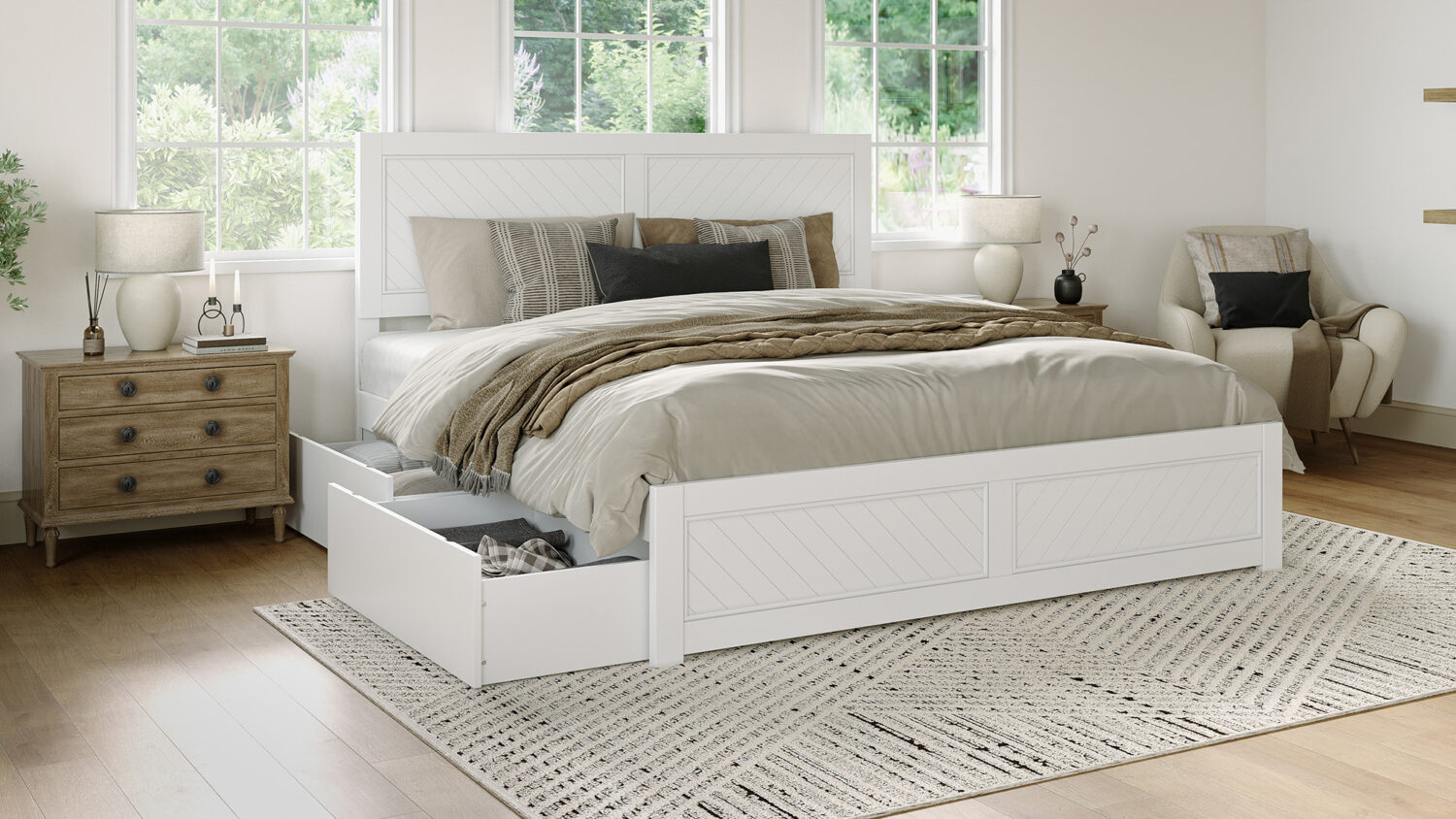 white king sized storage bed frame in neutral master bedroom