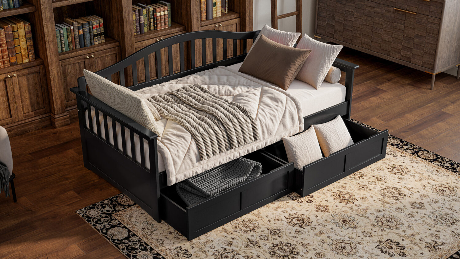 black mission daybed with storage drawers with neutral bedding