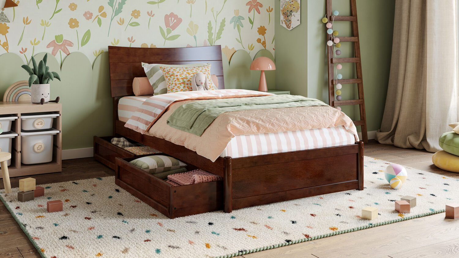 walnut kids storage bed with pastel bedding
